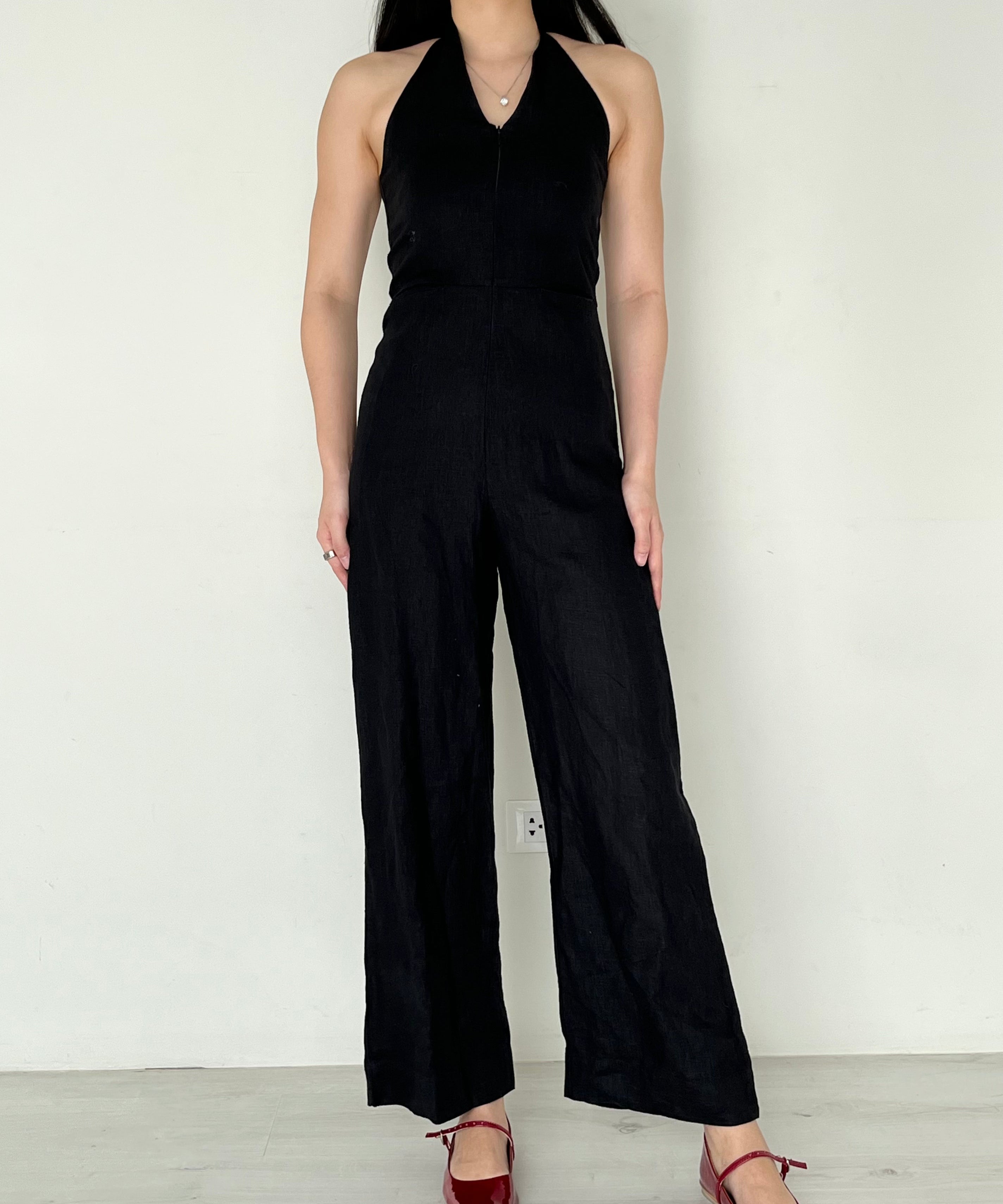 Araw Black Linen Jumpsuit with Front Zip