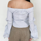 Jacquemus Blue Striped Off Shoulder Button Down Top