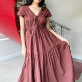 Vania Romoff Brown Linen Long Dress with Ruched & Front Tie Detail