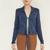 Paloma Wool Blue Long Sleeve Vintage Abtract Pied Rich Holland Design Blouse with Tie