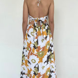 Faithful The Brand  White Floral Backless Dress With Back Tie & Zip up Detail