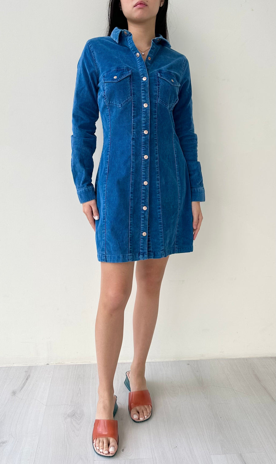 Blue Corduroy Long Sleeve Dress