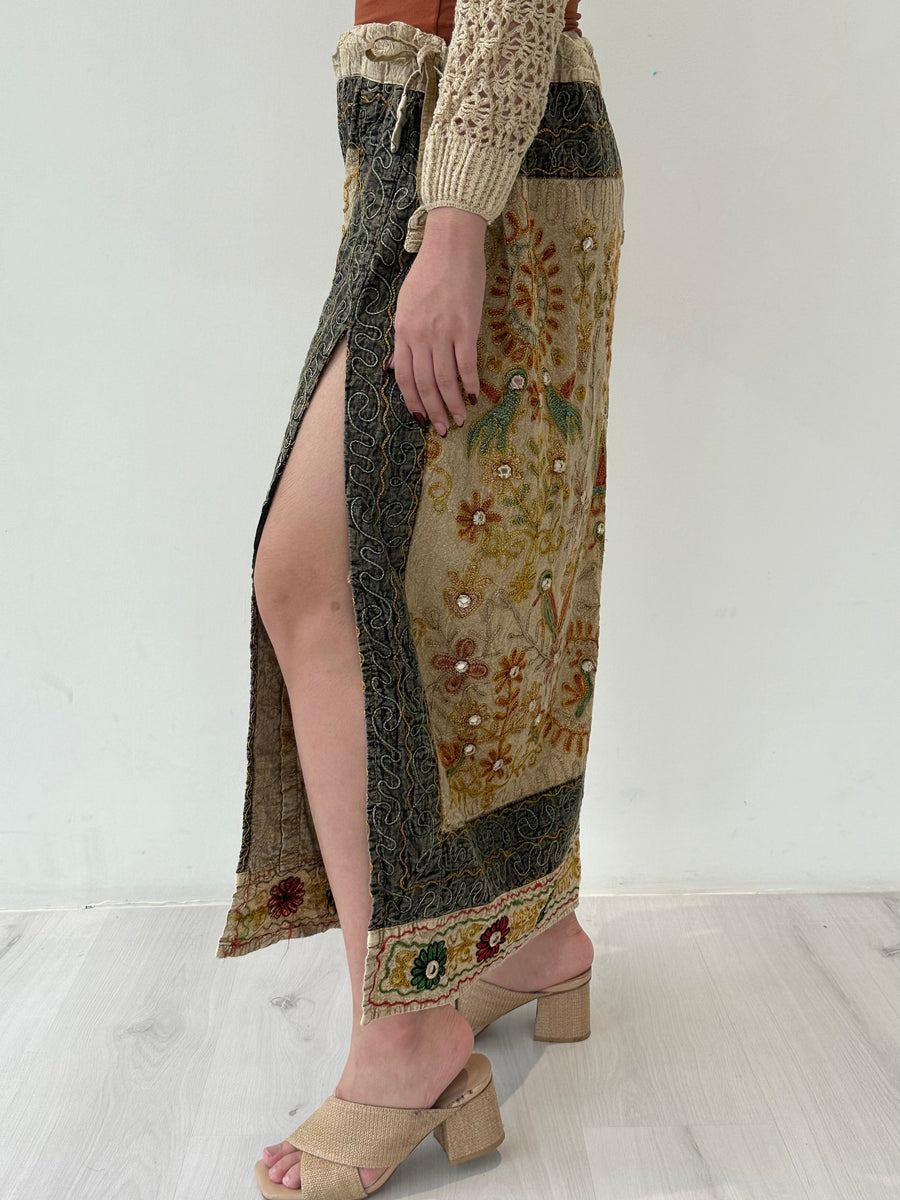 Embroidered and Printed Wrap Skirt