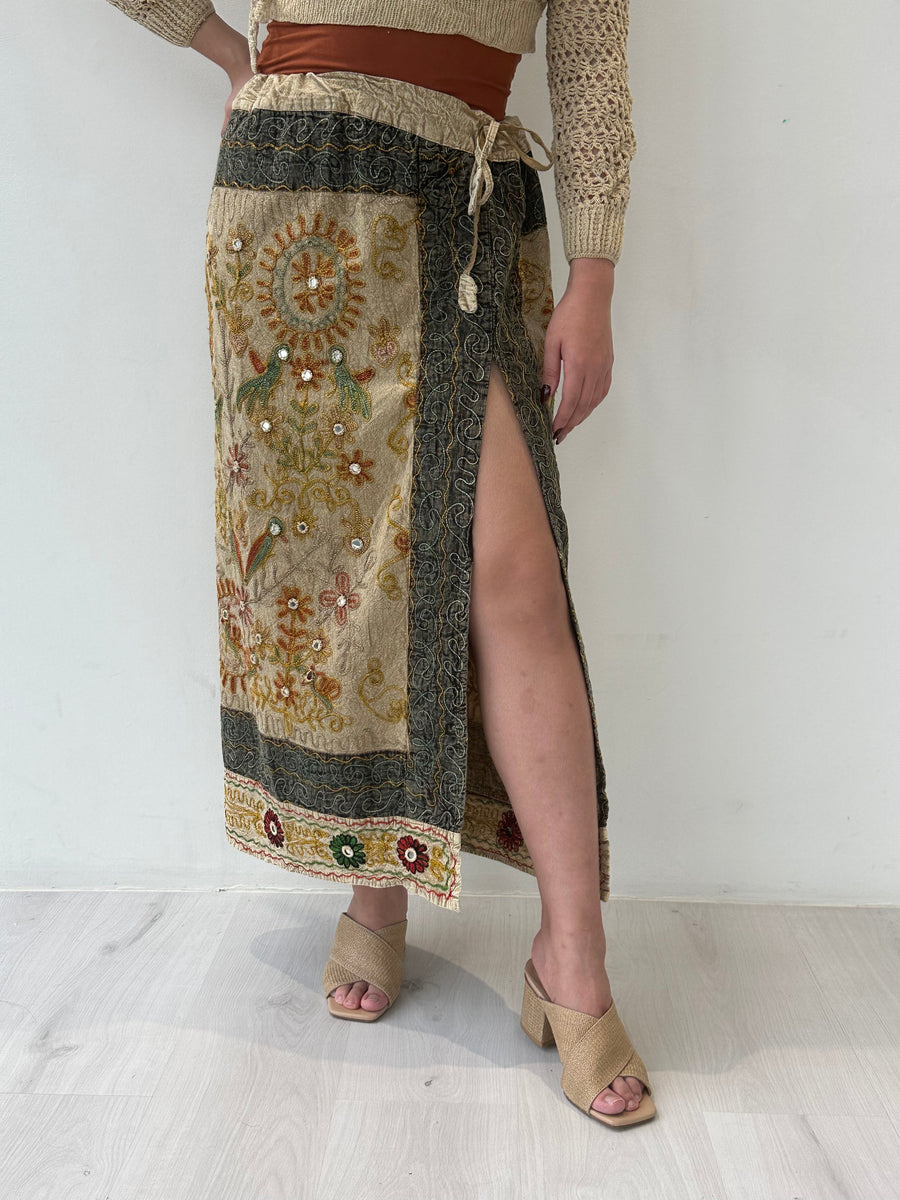 Embroidered and Printed Wrap Skirt