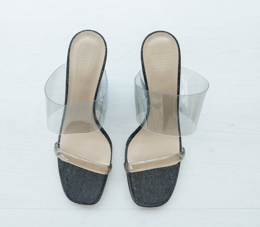 Maryam Nassir Zadeh Clear Strap with Black Glittered Wedge Heel