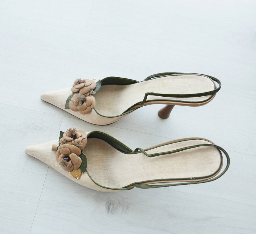 Vintage Chanel Floral Applique Kitten Heels